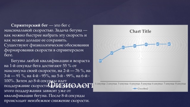 Спринтерский бег — это бег с максимальной скоростью. Задача бегуна — как можно быстрее набрать эту скорость и как можно дольше ее сохранить. Существуют физиологические обоснования формирования скорости в спринтерском беге. Бегуны любой квалификации и возраста на 1-й секунде бега достигают 55 % от максимума своей скорости, на 2-й — 76 %, на 3-й — 91 %, на 4-й - 95%, на 5-й - 99%, на 6-й - 100%. Затем до 8-й секунды идет поддержание скорости, продолжительность этого поддержания зависит уже от квалификации бегуна. После 8-й секунды происходит неизбежное снижение скорости. Физиология спринта 