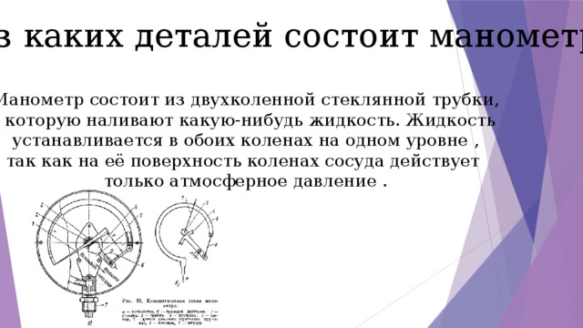 Из каких деталей состоит манометр Манометр состоит из двухколенной стеклянной трубки, в которую наливают какую-нибудь жидкость. Жидкость устанавливается в обоих коленах на одном уровне , так как на её поверхность коленах сосуда действует только атмосферное давление . 