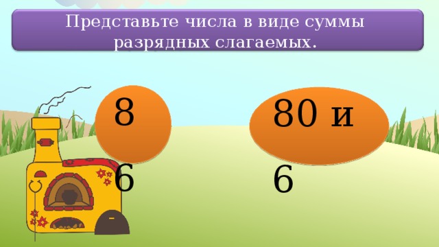 Представьте числа в виде суммы разрядных слагаемых. 86 80 и 6 