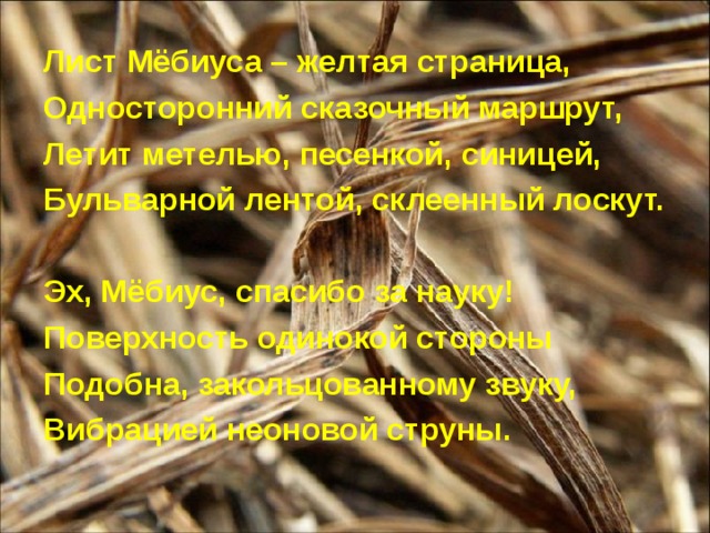 Лист Мёбиуса – желтая страница, Односторонний сказочный маршрут, Летит метелью, песенкой, синицей, Бульварной лентой, склеенный лоскут.  Эх, Мёбиус, спасибо за науку! Поверхность одинокой стороны Подобна, закольцованному звуку, Вибрацией неоновой струны.  