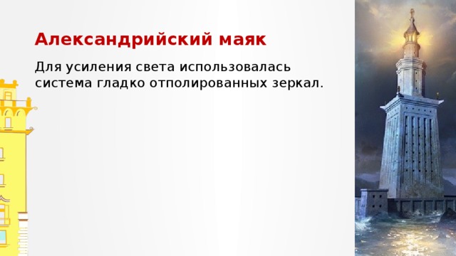 Александрийский маяк Для усиления света использовалась система гладко отполированных зеркал. Запишите предложения. Обозначьте суффиксы причастий, подчеркните причастные обороты, расставьте запятые.  