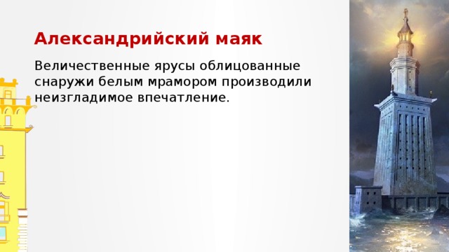 Александрийский маяк Величественные ярусы облицованные снаружи белым мрамором производили неизгладимое впечатление. Запишите предложения. Обозначьте суффиксы причастий, подчеркните причастные обороты, расставьте запятые.  