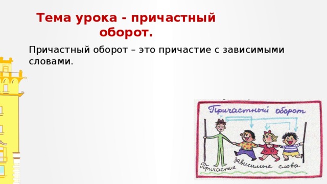 Тема урока - причастный оборот. Причастный оборот – это причастие с зависимыми словами. Как вы понимаете это выражение?  