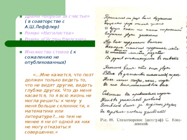 Драма «Борьба за счастье»   ( в соавторстве с А.Ш.Леффлер) Роман «Нигилистка» Роман «Сёстры Раевские»  Множество стихов ( к сожалению не опубликованных)   «…Мне кажется, что поэт должен только видеть то, что не видят другие, видеть глубже других. Что до меня касается, то я всю жизнь не могла решить: к чему у меня больше склонности, к математике или литературе?...но тем не менее я ни от одной их них не могу отказаться совершенно.»   