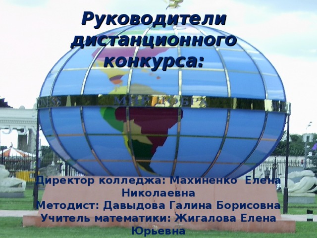 Руководители  дистанционного конкурса: Директор колледжа: Махиненко Елена Николаевна Методист: Давыдова Галина Борисовна Учитель математики: Жигалова Елена Юрьевна 