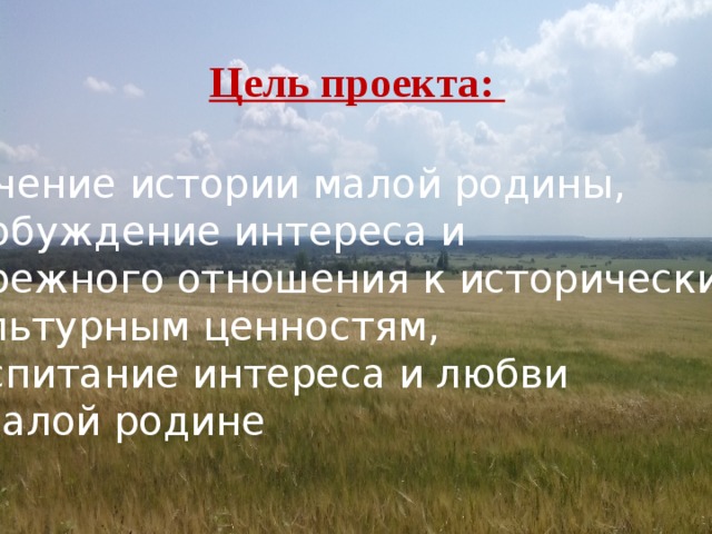  Цель проекта:  изучение истории малой родины,  пробуждение интереса и  бережного отношения к историческим и  культурным ценностям,  воспитание интереса и любви  к малой родине 