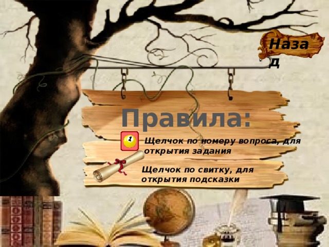 Назад Правила:  Щелчок по номеру вопроса, для открытия задания Щелчок по свитку, для открытия подсказки 