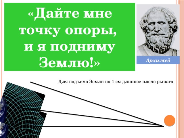 «Дайте мне точку опоры, и я подниму Землю!» Архимед Для подъема Земли на 1 см длинное плечо рычага 