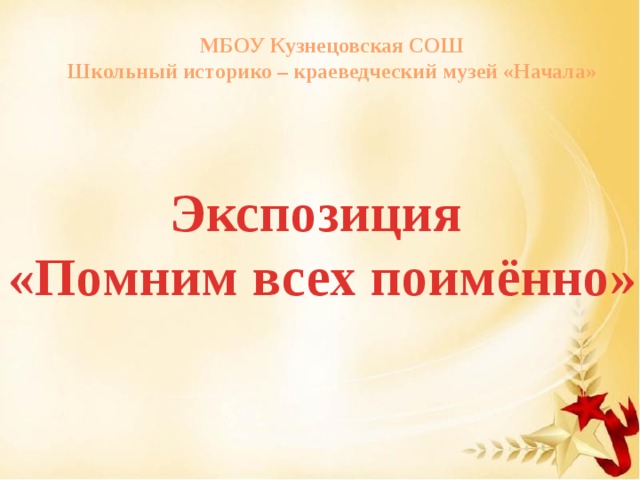МБОУ Кузнецовская СОШ Школьный историко – краеведческий музей «Начала» Экспозиция «Помним всех поимённо»