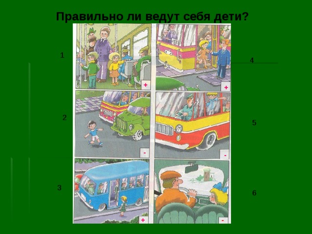 Правильно ли ведут себя дети? 1 4 + + 2 5 - - 3 6 + - 