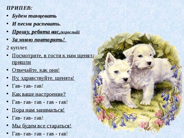 ПРИПЕВ: Будем танцевать И песни распевать. Прошу, ребята вас, (взрослый) За мною повторять! 2 куплет. Посмотрите, в гости к нам щенята пришли Отвечайте, как они! Ну, здравствуйте, щенята! Гав- гав- гав! Как ваше настроение? Гав- гав- гав - гав - гав! Пора нам заниматься! Гав- гав- гав! Мы будем все стараться! Гав- гав- гав - гав - гав! 