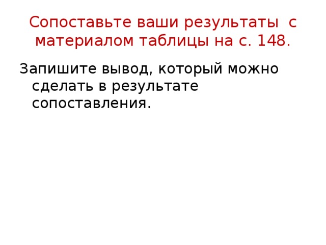 Сопоставьте ваши результаты с материалом таблицы на с. 148. Запишите вывод, который можно сделать в результате сопоставления. 