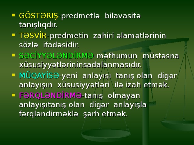 GÖSTƏRIŞ -predmetlə bilavasitə tanışlıqdır. TƏSVİR -predmetin zahiri əlamətlərinin sözlə ifadəsidir. SƏCİYYƏLƏNDİRMƏ -məfhumun müstəsna xüsusiyyətlərininsadalanmasıdır. MÜQAYİSƏ -yeni anlayışı tanış olan digər anlayışın xüsusiyyətləri ilə izah etmək. FƏRQLƏNDİRMƏ -tanış olmayan anlayışıtanış olan digər anlayışla fərqləndirməklə şərh etmək. 