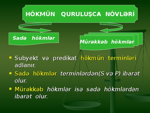 HÖKMÜN QURULUŞCA NÖVLƏRİ Sadə hökmlər Mürəkkəb hökmlər Subyekt və predikat hökmün terminləri adlanır. Sadə hökmlər  terminlərdən(S və P) ibarət olur. Mürəkkəb hökmlər isə sadə hökmlərdən ibarət olur. 
