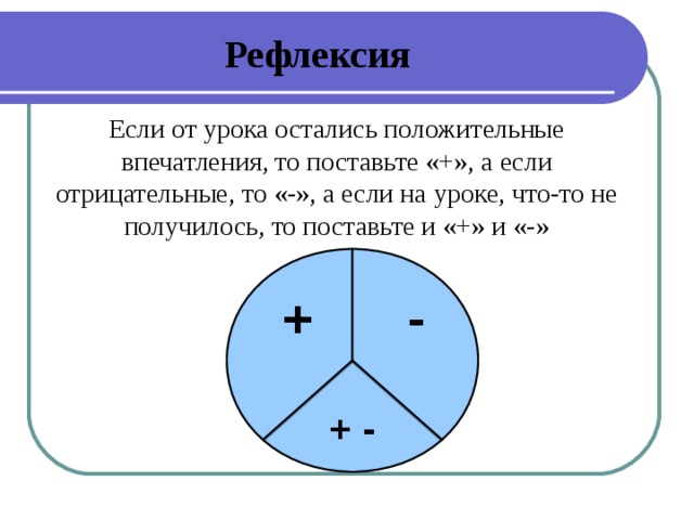 Рефлексия  Если от урока остались положительные впечатления, то поставьте «+», а если отрицательные, то «-», а если на уроке, что-то не получилось, то поставьте и «+» и «-» - + + -