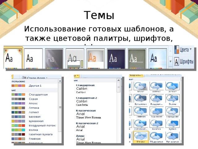 Темы Использование готовых шаблонов, а также цветовой палитры, шрифтов, эффектов. 