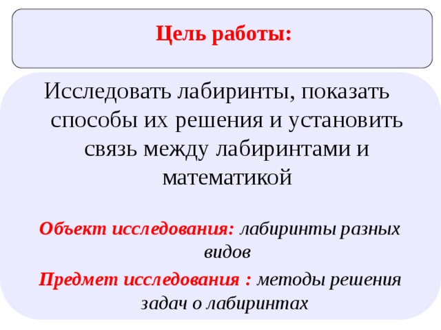 Цель работы: Исследовать лабиринты, показать способы их решения и установить связь между лабиринтами и математикой Объект исследования: лабиринты разных видов Предмет исследования : методы решения задач о лабиринтах  