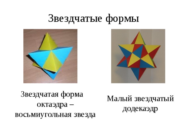 Звездчатые формы Звездчатая форма октаэдра – восьмиугольная звезда Малый звездчатый додекаэдр 