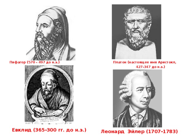 Пифагор (570 - 497 до н.э.) Платон (настоящее имя Аристокл,  427-347 до н.э.)  Евклид (365-300 гг. до н.э.) Леонард Эйлер (1707-1783) 