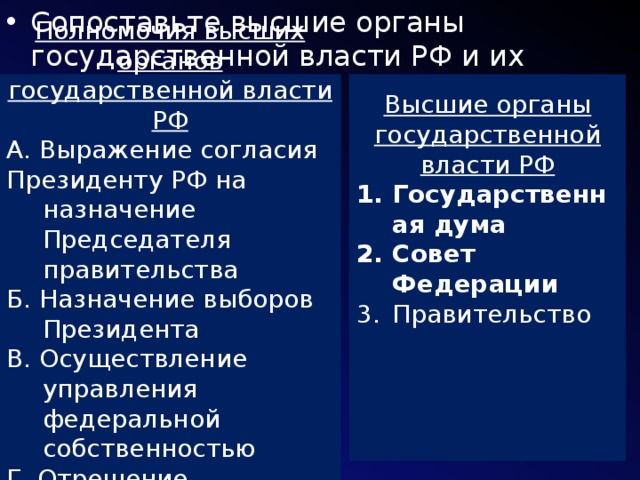 Сопоставьте высшие органы государственной власти РФ и их полномочия Высшие органы государственной власти РФ Государственная дума Совет Федерации Правительство     Полномочия высших органов государственной власти РФ  А. Выражение согласия Президенту РФ на назначение Председателя правительства Б. Назначение выборов Президента В. Осуществление управления федеральной собственностью Г. Отрешение Президента от должности 