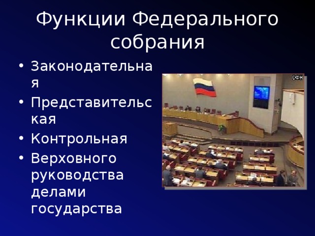 Функции Федерального собрания Законодательная Представительская Контрольная Верховного руководства делами государства 