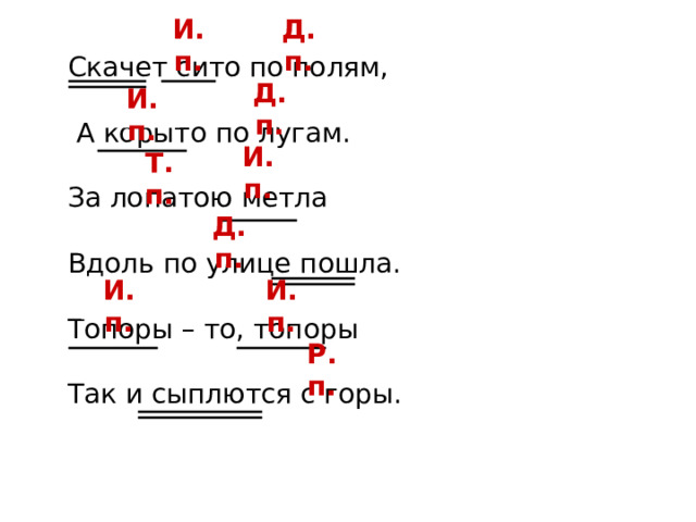 Д. п. И. п.  Скачет сито по полям,  А корыто по лугам.  За лопатою метла  Вдоль по улице пошла.  Топоры – то, топоры  Так и сыплются с горы. Д. п. И. п. И. п. Т. п. Д. п. И. п. И. п. Р. п. 
