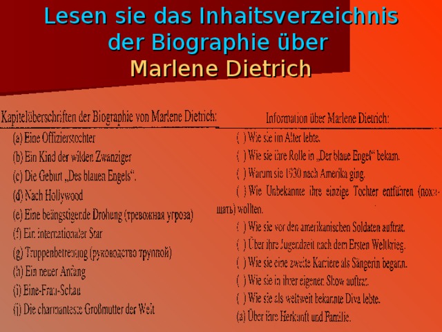 Lesen sie das Inhaitsverzeichnis  der Biographie über Marlene Dietrich 
