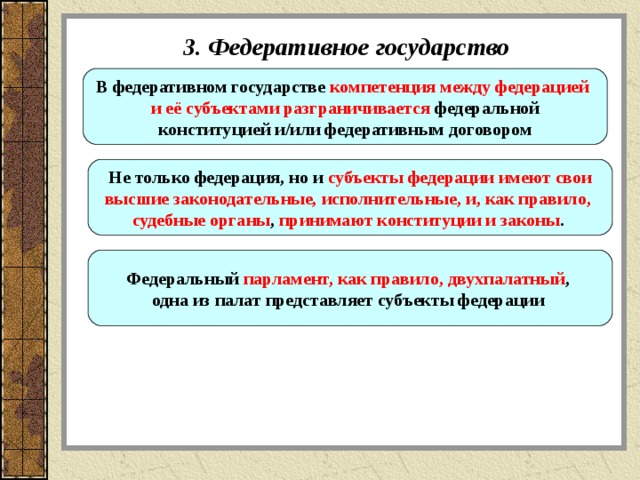 3. Федеративное государство В федеративном государстве компетенция между федерацией и её субъектами разграничивается федеральной конституцией и/или федеративным договором Не только федерация, но и субъекты федерации имеют свои высшие законодательные, исполнительные, и, как правило, судебные органы , принимают конституции и законы .  Федеральный парламент, как правило, двухпалатный , одна из палат представляет субъекты федерации  
