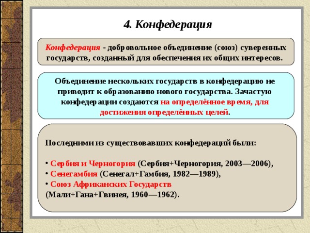 4. Конфедерация Конфедерация  - добровольное объединение (союз) суверенных государств, созданный для обеспечения их общих интересов. Объединение нескольких государств в конфедерацию не приводит к образованию нового государства. Зачастую конфедерации создаются на определённое время, для достижения определённых целей .  Последними из существовавших конфедераций были:   Сербия и Черногория (Сербия+Черногория, 2003—2006),  Сенегамбия (Сенегал+Гамбия, 1982—1989),  Союз Африканских Государств  (Мали+Гана+Гвинея, 1960—1962).  
