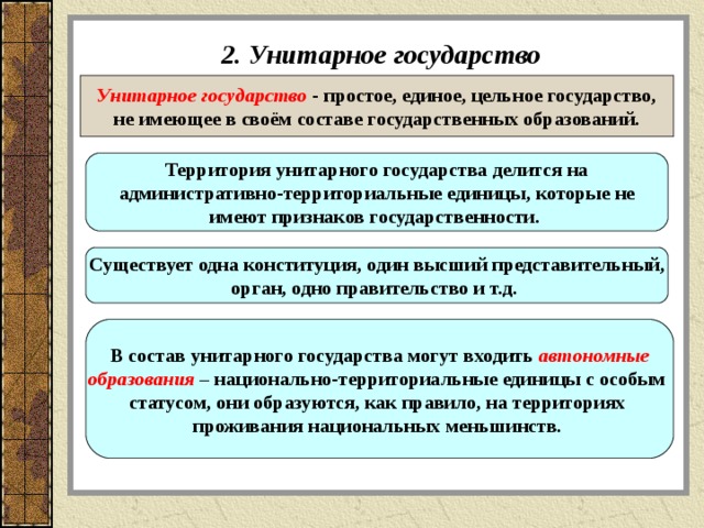 2. Унитарное государство Унитарное государство - простое, единое, цельное государство,  не имеющее в своём составе государственных образований.  Территория унитарного государства делится на административно-территориальные единицы, которые не имеют признаков государственности. Существует одна конституция, один высший представительный, орган, одно правительство и т.д.  В состав унитарного государства могут входить автономные образования – национально-территориальные единицы с особым статусом, они образуются, как правило, на территориях проживания национальных меньшинств.  