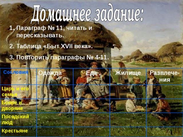 Параграф № 11, читать и пересказывать. Таблица «Быт XVII века». Повторить параграфы № 4-11.  Сословия Царь и его семья Одежда Бояре и дворяне Еда Посадский люд Жилище Развлече-ния Крестьяне 