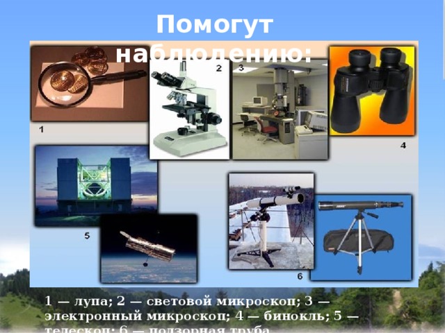 Помогут наблюдению: 1 — лупа; 2 — световой микроскоп; 3 — электронный микроскоп; 4 — бинокль; 5 — телескоп; 6 — подзорная труба 