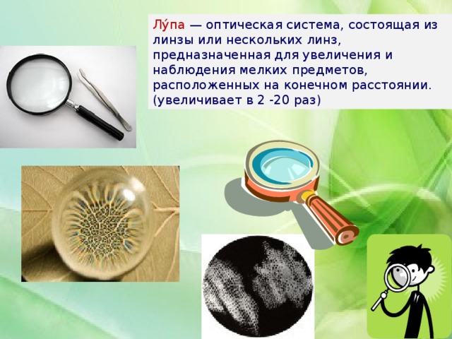 Лу́па — оптическая система, состоящая из линзы или нескольких линз, предназначенная для увеличения и наблюдения мелких предметов, расположенных на конечном расстоянии. (увеличивает в 2 -20 раз)  