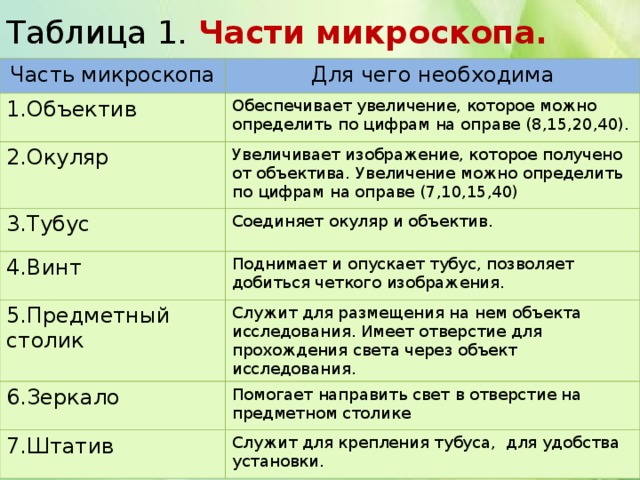 Таблица 1. Части микроскопа. Часть микроскопа Для чего необходима 1.Объектив Обеспечивает увеличение, которое можно определить по цифрам на оправе (8,15,20,40). 2.Окуляр Увеличивает изображение, которое получено от объектива. Увеличение можно определить по цифрам на оправе (7,10,15,40) 3.Тубус Соединяет окуляр и объектив. 4.Винт Поднимает и опускает тубус, позволяет добиться четкого изображения. 5.Предметный столик Служит для размещения на нем объекта исследования. Имеет отверстие для прохождения света через объект исследования. 6.Зеркало Помогает направить свет в отверстие на предметном столике 7.Штатив Служит для крепления тубуса, для удобства установки. 
