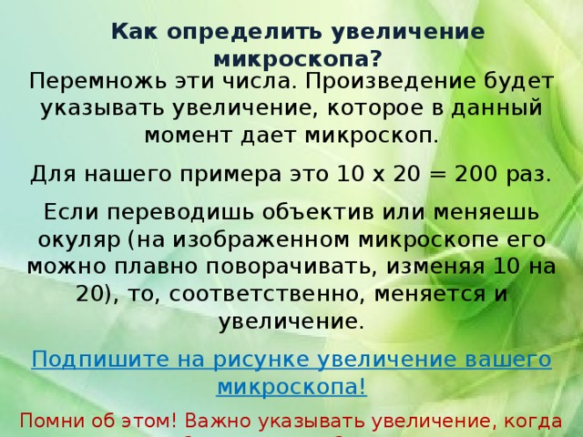 Как определить увеличение микроскопа? Перемножь эти числа. Произведение будет указывать увеличение, которое в данный момент дает микроскоп. Для нашего примера это 10 х 20 = 200 раз. Если переводишь объектив или меняешь окуляр (на изображенном микроскопе его можно плавно поворачивать, изменяя 10 на 20), то, соответственно, меняется и увеличение. Подпишите на рисунке увеличение вашего микроскопа! Помни об этом! Важно указывать увеличение, когда работаешь над объектом. 