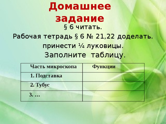 Домашнее задание § 6 читать. Рабочая тетрадь § 6 № 21,22 доделать. принести ¼ луковицы. Заполните таблицу. Часть микроскопа 1. Подставка Функции 2. Тубус 3. … 