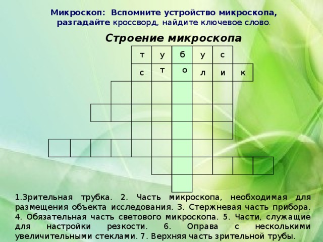 Микроскоп: Вспомните устройство микроскопа, разгадайте кроссворд, найдите ключевое слово .  Строение микроскопа т б у с у т о с л и к 1.Зрительная трубка. 2. Часть микроскопа, необходимая для размещения объекта исследования. 3. Стержневая часть прибора. 4. Обязательная часть светового микроскопа. 5. Части, служащие для настройки резкости. 6. Оправа с несколькими увеличительными стеклами. 7. Верхняя часть зрительной трубы. 