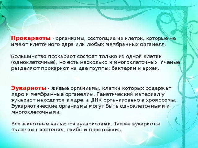 Прокариоты - организмы, состоящие из клеток, которые не имеют клеточного ядра или любых мембранных органелл. Большинство прокариот состоят только из одной клетки (одноклеточные), но есть несколько и многоклеточных. Ученые разделяют прокариот на две группы: бактерии и археи. Эукариоты - живые организмы, клетки которых содержат ядро и мембранные органеллы. Генетический материал у эукариот находится в ядре, а ДНК организовано в хромосомы. Эукариотические организмы могут быть одноклеточными и многоклеточными. Все животные являются эукариотами. Также эукариоты включают растения, грибы и простейших. 