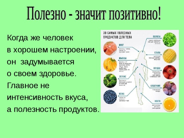 Когда же человек в хорошем настроении, он  задумывается о своем здоровье. Главное не  интенсивность вкуса, а полезность продуктов. 