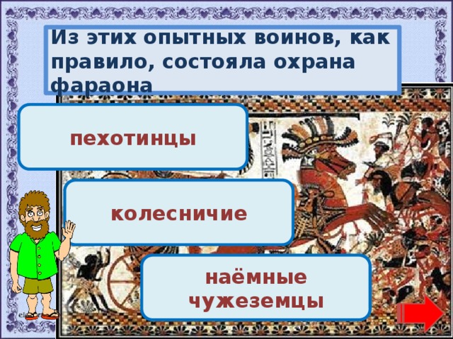 Из этих опытных воинов, как правило, состояла охрана фараона Переход хода! пехотинцы Переход хода! колесничие Молодец! наёмные чужеземцы 