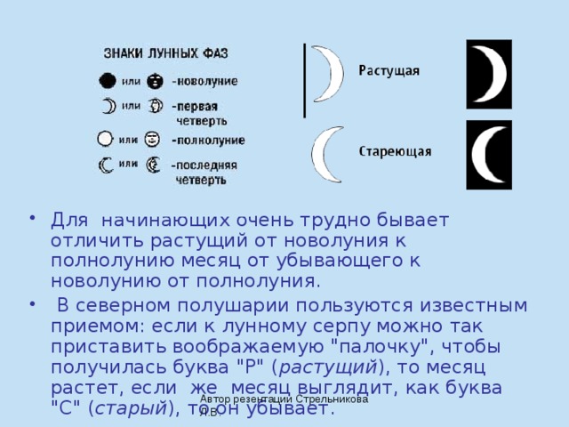 Для  начинающих очень трудно бывает отличить растущий от новолуния к полнолунию месяц от убывающего к новолунию от полнолуния.  В северном полушарии пользуются известным приемом: если к лунному серпу можно так приставить воображаемую 