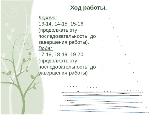 Ход работы.   Корпус:  13-14, 14-15, 15-16. (продолжать эту последовательность, до завершения работы). Вода:  17-18, 18-19, 19-20. (продолжать эту последовательность, до завершения работы) 