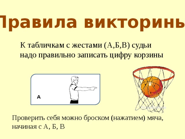 Правила викторины К табличкам с жестами (А,Б,В) судьи надо правильно записать цифру корзины А Проверить себя можно броском (нажатием) мяча, начиная с А, Б, В 