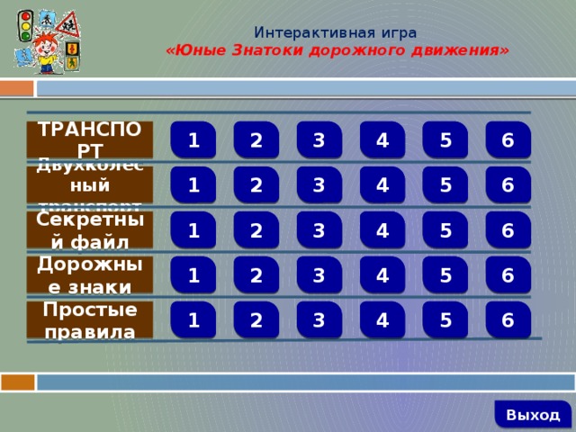 Интерактивная игра  «Юные Знатоки дорожного движения»  1 3      2 5 4 6 ТРАНСПОРТ  1 2 3 4 5 6      Двухколесный транспорт   1 2 3 4 5 6 Секретный файл     3 1 4 5 6 2 Дорожные знаки       6 5 4 3 2 1 Простые правила         Выход 