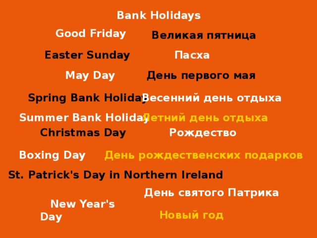 Bank Holidays  Good Friday Good Friday Великая пятница Easter Sunday Easter Sunday Пасха May Day May Day День первого мая Spring Bank Holiday Spring Bank Holiday Весенний день отдыха Summer Bank Holiday Summer Bank Holiday Летний день отдыха Christmas Day Christmas Day Рождество Boxing Day Boxing Day День рождественских подарков St. Patrick's Day in Northern Ireland St. Patrick's Day in Northern Ireland День святого Патрика New Year's Day  Новый год 