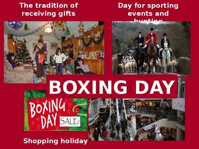 Day for sporting events and hunting The tradition of receiving gifts BOXING DAY Shopping holiday 
