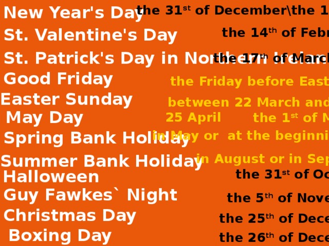 the 31 st of December\the 1 st of January New Year's Day St. Valentine's Day the 14 th of February St. Patrick's Day in Northern Ireland the 17 th of March Good Friday the Friday before Easter Sunday Easter Sunday Easter Sunday  between 22 March and 25 April May Day May Day the 1 st of May Spring Bank Holiday in May or at the beginning of June in August or in September Summer Bank Holiday Summer Bank Holiday the 31 st of October the 31 st of October Halloween Halloween Guy Fawkes` Night the 5 th of November Christmas Day the 25 th of December Boxing Day Boxing Day the 26 th of December 