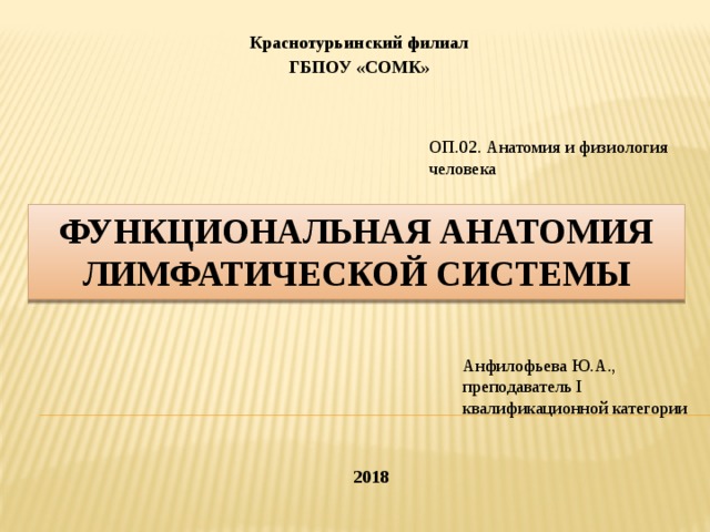 Краснотурьинский филиал ГБПОУ «СОМК» ОП.02. Анатомия и физиология человека Функциональная анатомия лимфатической системы Анфилофьева Ю.А., преподаватель I квалификационной категории 2018 