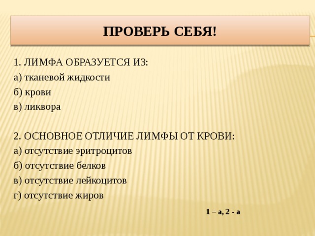 Проверь себя! 1. ЛИМФА ОБРАЗУЕТСЯ ИЗ: а) тканевой жидкости б) крови в) ликвора 2. ОСНОВНОЕ ОТЛИЧИЕ ЛИМФЫ ОТ КРОВИ: а) отсутствие эритроцитов б) отсутствие белков в) отсутствие лейкоцитов г) отсутствие жиров 1 – а, 2 - а 
