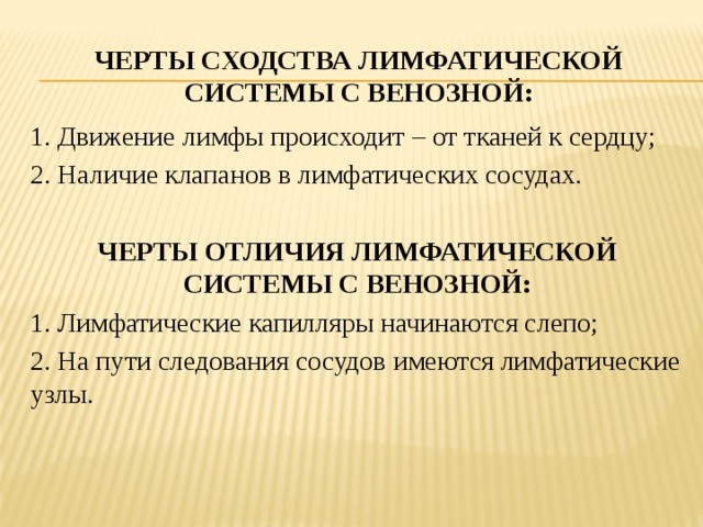 Черты сходства лимфатической системы с венозной: 1. Движение лимфы происходит – от тканей к сердцу; 2. Наличие клапанов в лимфатических сосудах. ЧЕРТЫ ОТЛИЧИЯ ЛИМФАТИЧЕСКОЙ СИСТЕМЫ С ВЕНОЗНОЙ: 1. Лимфатические капилляры начинаются слепо; 2. На пути следования сосудов имеются лимфатические узлы. 